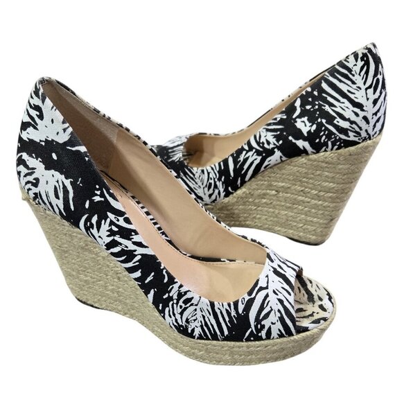 Vince Camuto Totsi Black White Fabric Peep Toe Espadrille Wedge Beachy - Picture 1 of 11